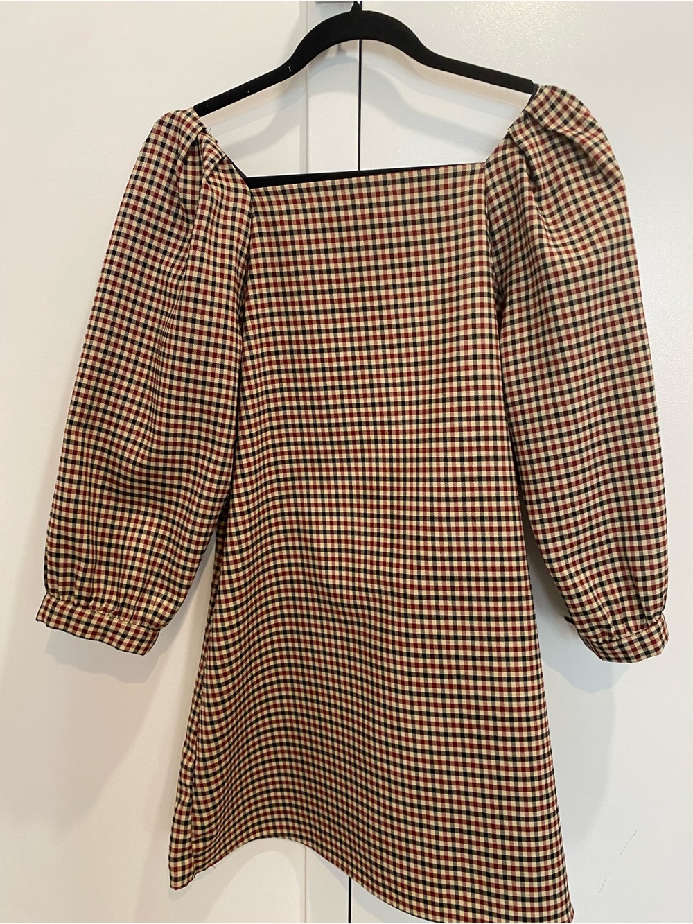 Checkerboard Puff-Sleeve Mini Dress in Brown/Black/Red